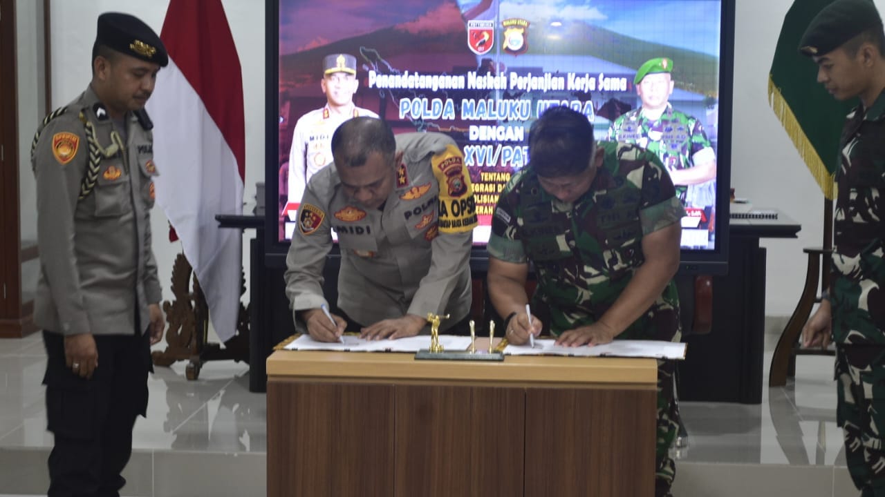 Diwakili Korem 152/Baabullah Penandatanganan Naskah Kerja Sama Polda Malut Dengan Kodam XVI/Pattimura 